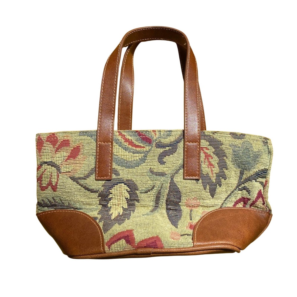Vintage 90s Liz‎ Claiborne Floral Tapestry Mini Tote Bag Brown Leather Heritage